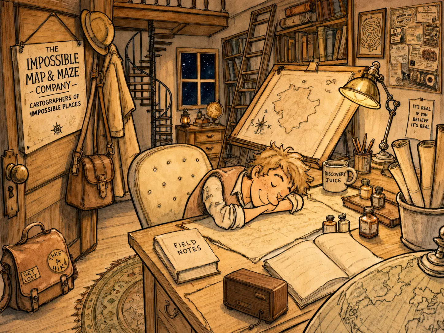 The cartographer asleep among maps, field notes, and tools in the Impossible Map and Maze office