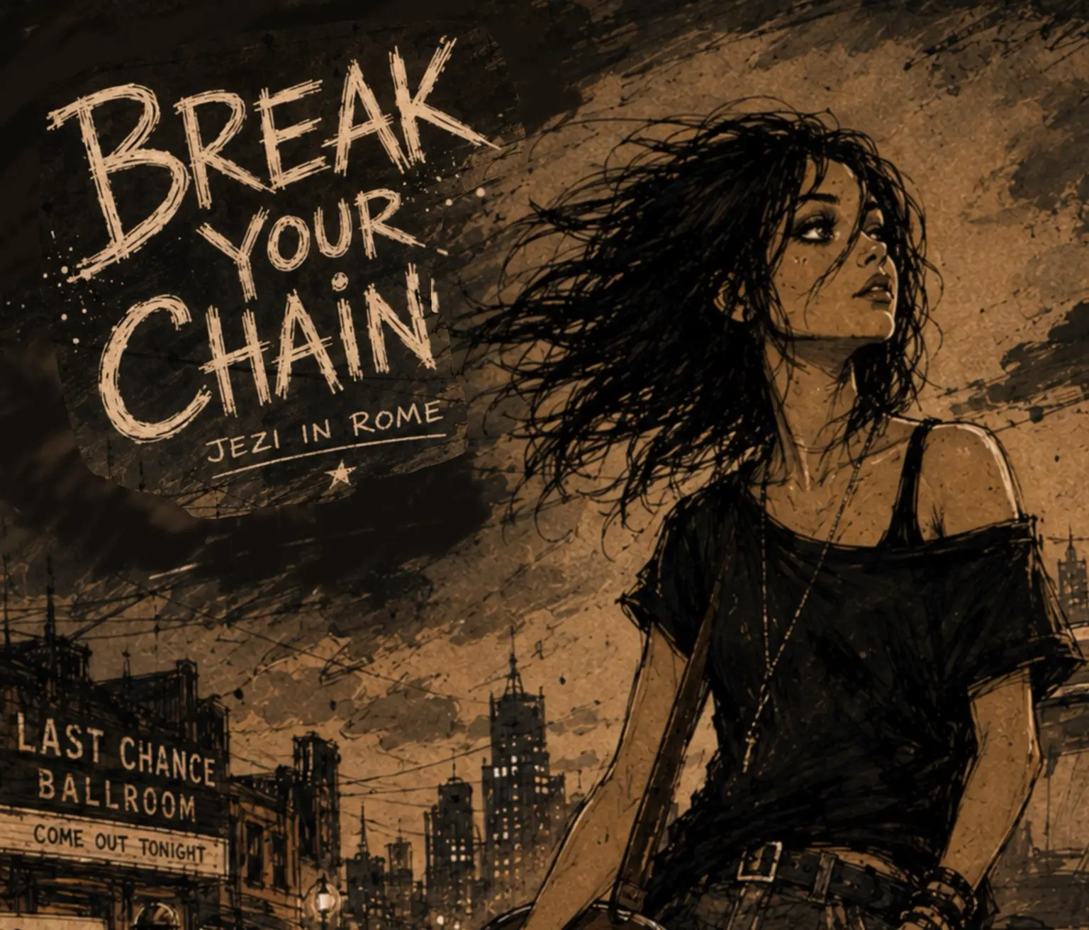 Jezi beside the complete Break Your Chain title against a storm-dark city
