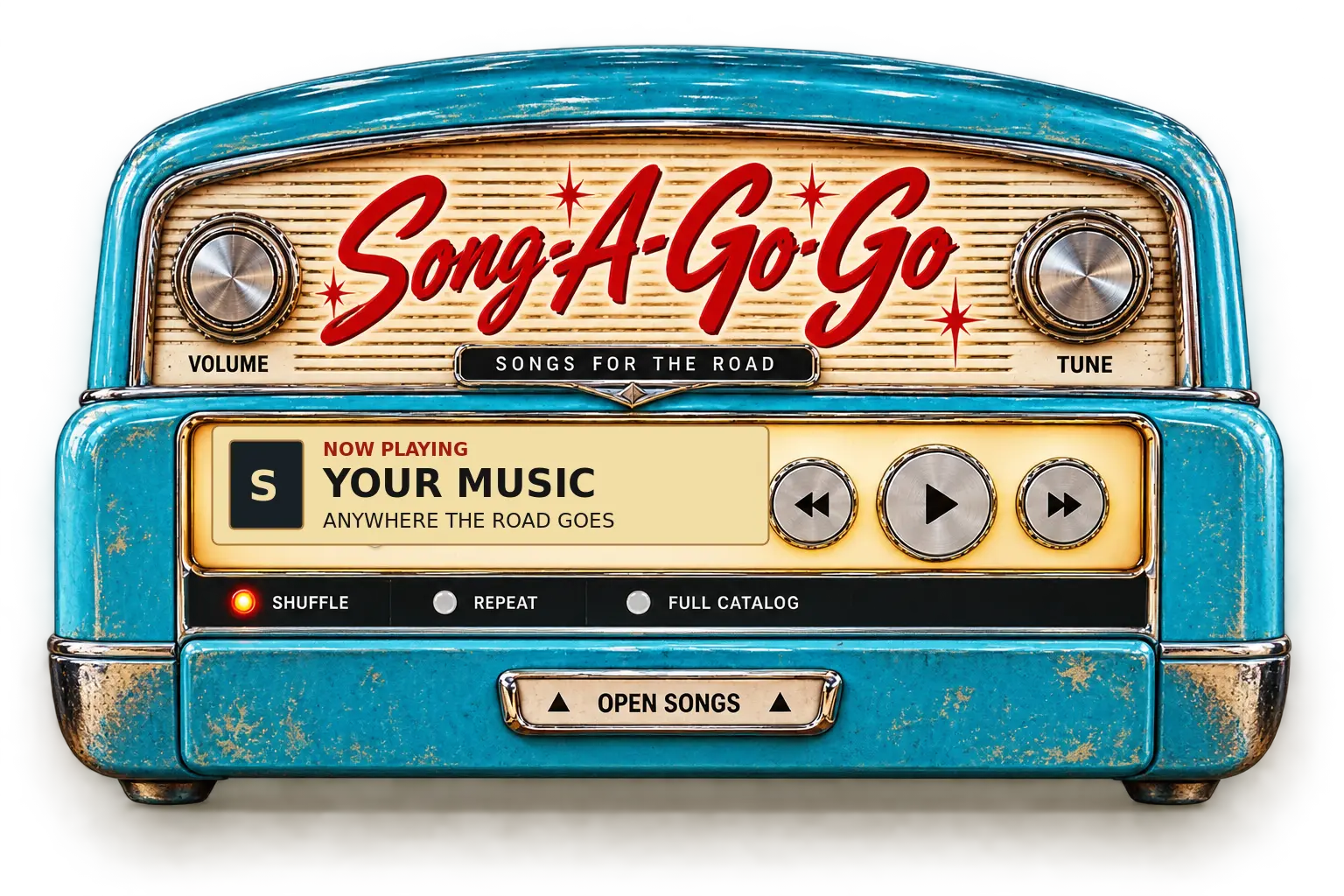 The standalone powder-blue Song-A-Go-Go radio, labeled Songs for the Road