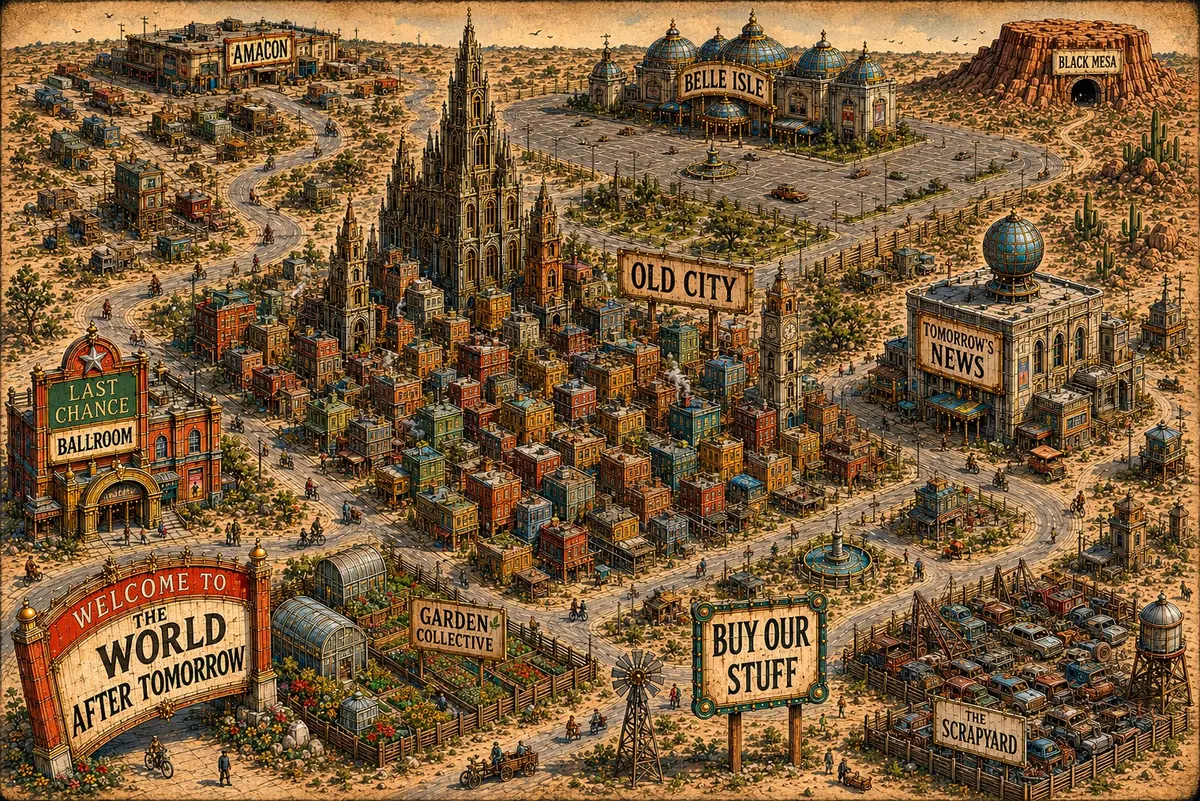 An illustrated map of Old City and the surrounding World After Tomorrow